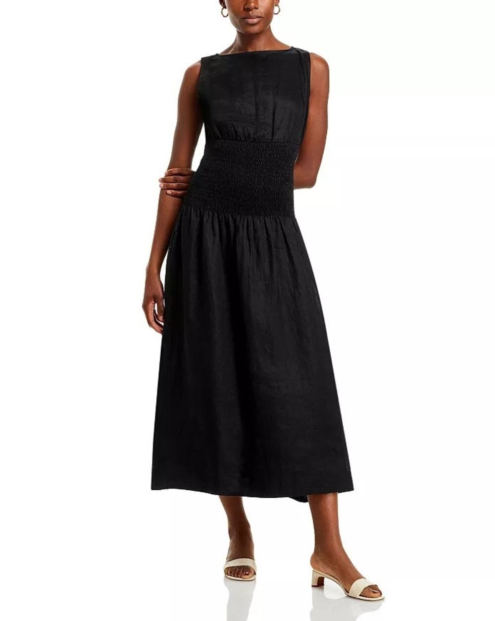 Faithfull the Brand Women Black Linen La Canella Smocked Waist Midi Dress Size 6